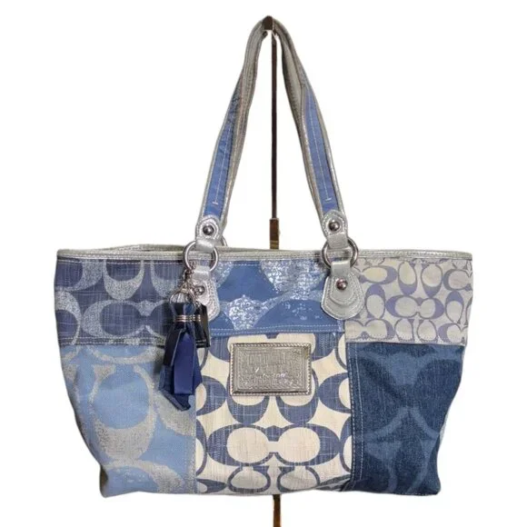 Coach Poppy Collection Blue Denim Patchwork with Silver Detail Tote Purse - Picture 1 of 16